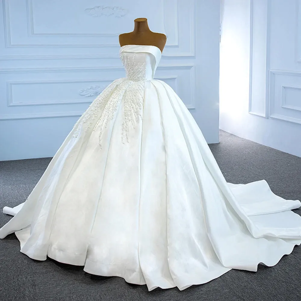 Elegant Off the Shoulder Satin Ball Gown Wedding Dress Beading Pearls Luxury Gown