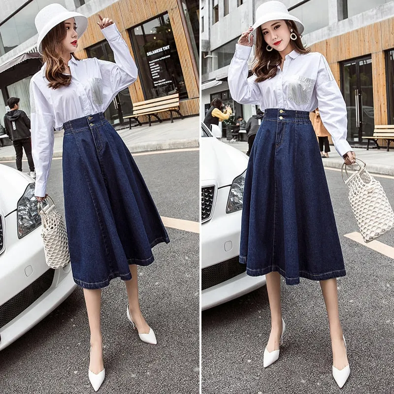 Elegant Women Denim Skirt Autumn Fashion Button A Line Jean Mid-calf Skirt Casual Korean Large Size Loose Faldas Female