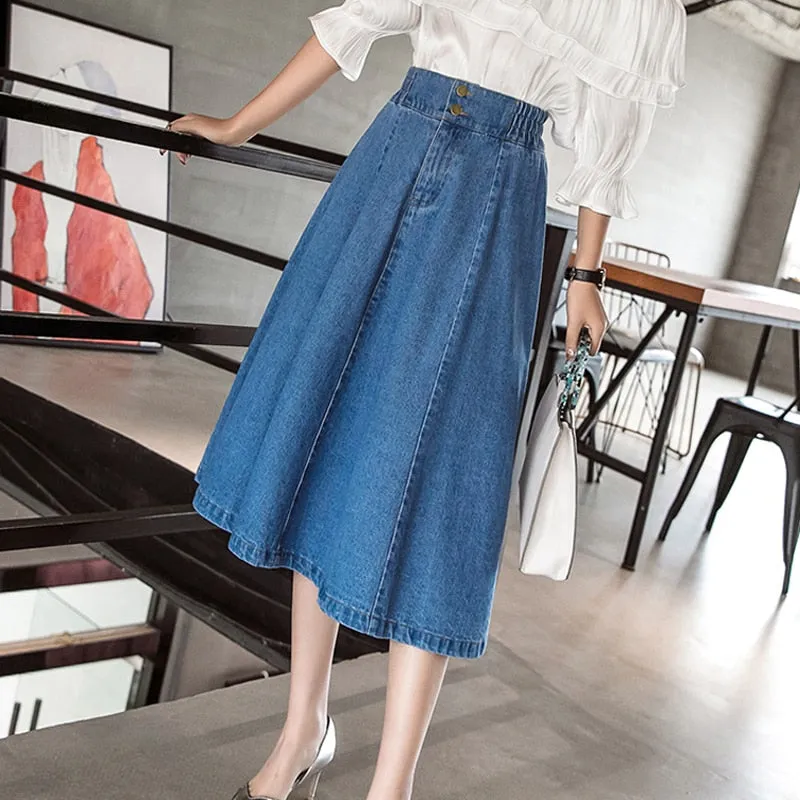 Elegant Women Denim Skirt Autumn Fashion Button A Line Jean Mid-calf Skirt Casual Korean Large Size Loose Faldas Female