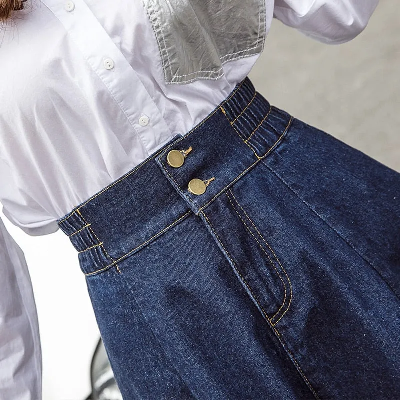 Elegant Women Denim Skirt Autumn Fashion Button A Line Jean Mid-calf Skirt Casual Korean Large Size Loose Faldas Female