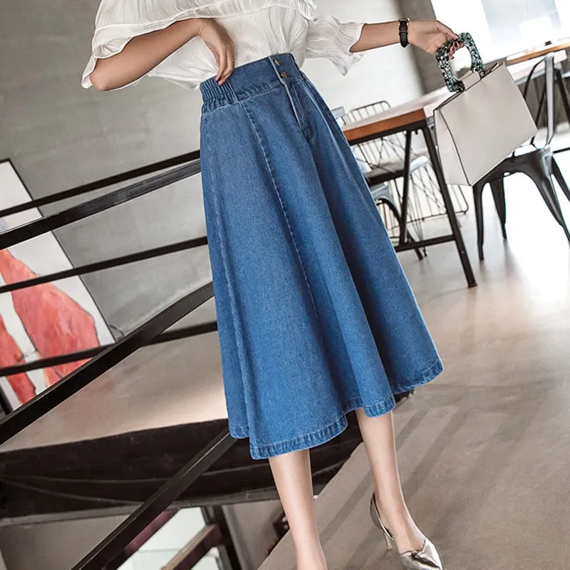 Elegant Women Denim Skirt Autumn Fashion Button A Line Jean Mid-calf Skirt Casual Korean Large Size Loose Faldas Female