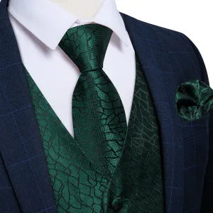 Emerald Green Irregular Plaid Silk Men's Vest Hanky Cufflinks Tie Set