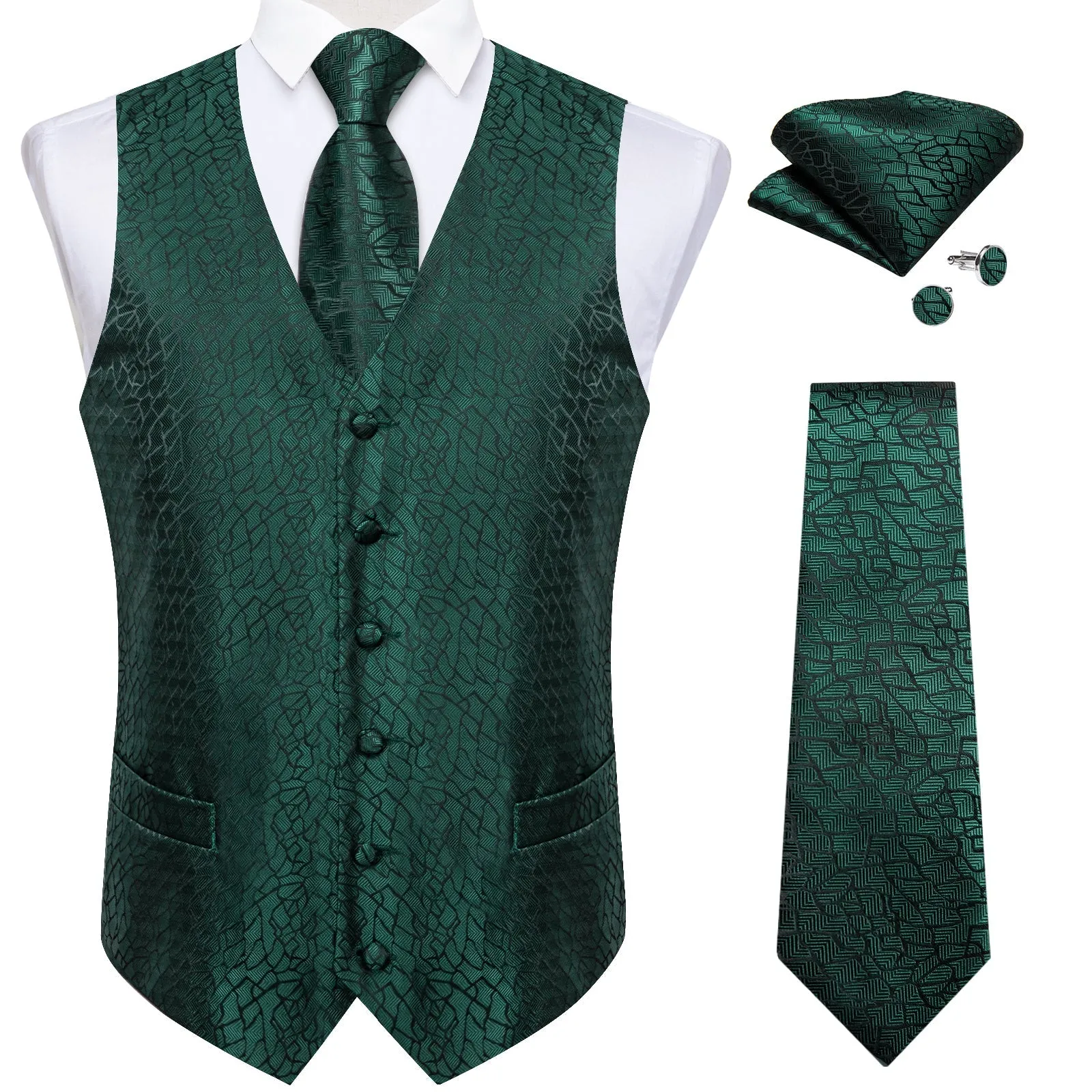 Emerald Green Irregular Plaid Silk Men's Vest Hanky Cufflinks Tie Set