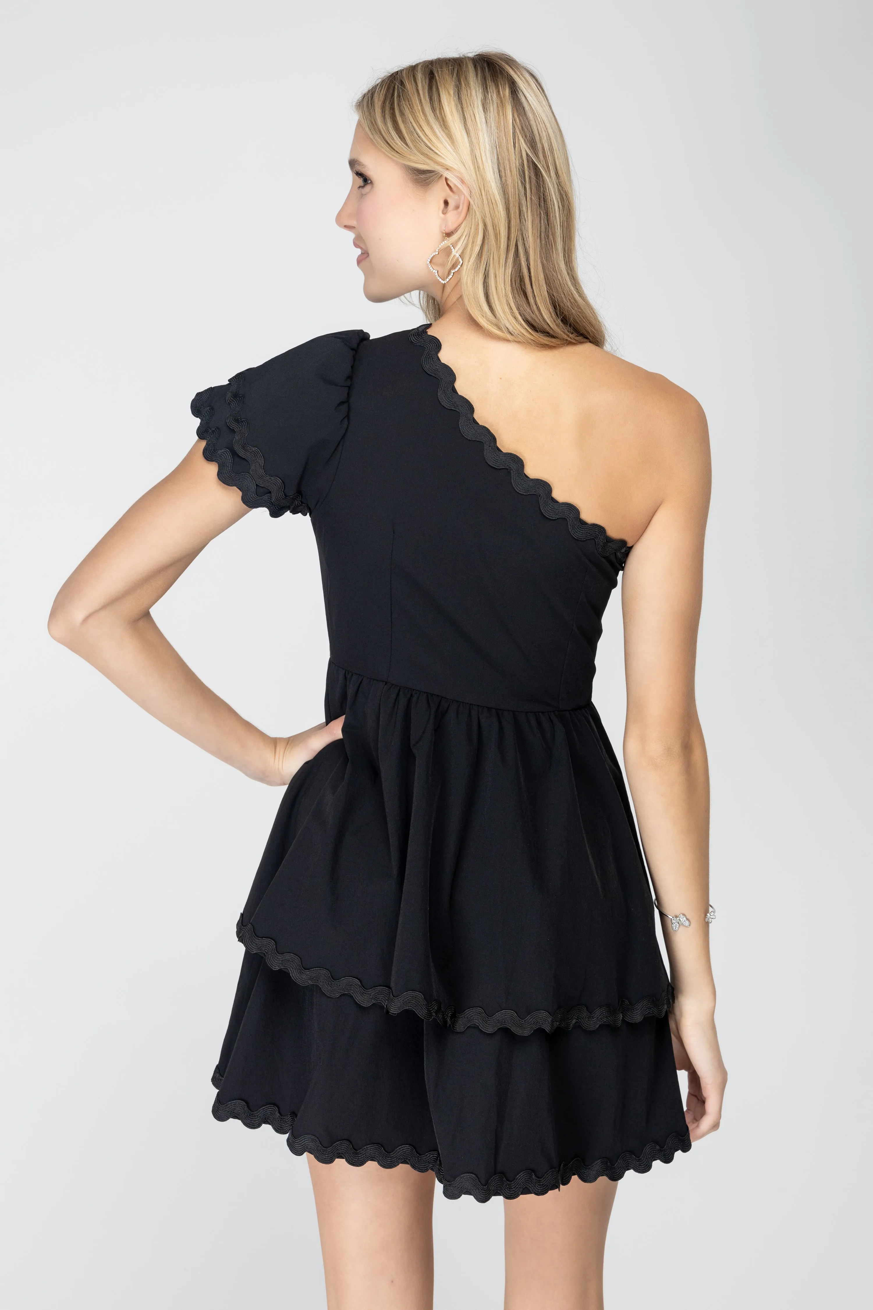 Flirty Noir Fantasy Tiered One Shoulder Mini Black Dress