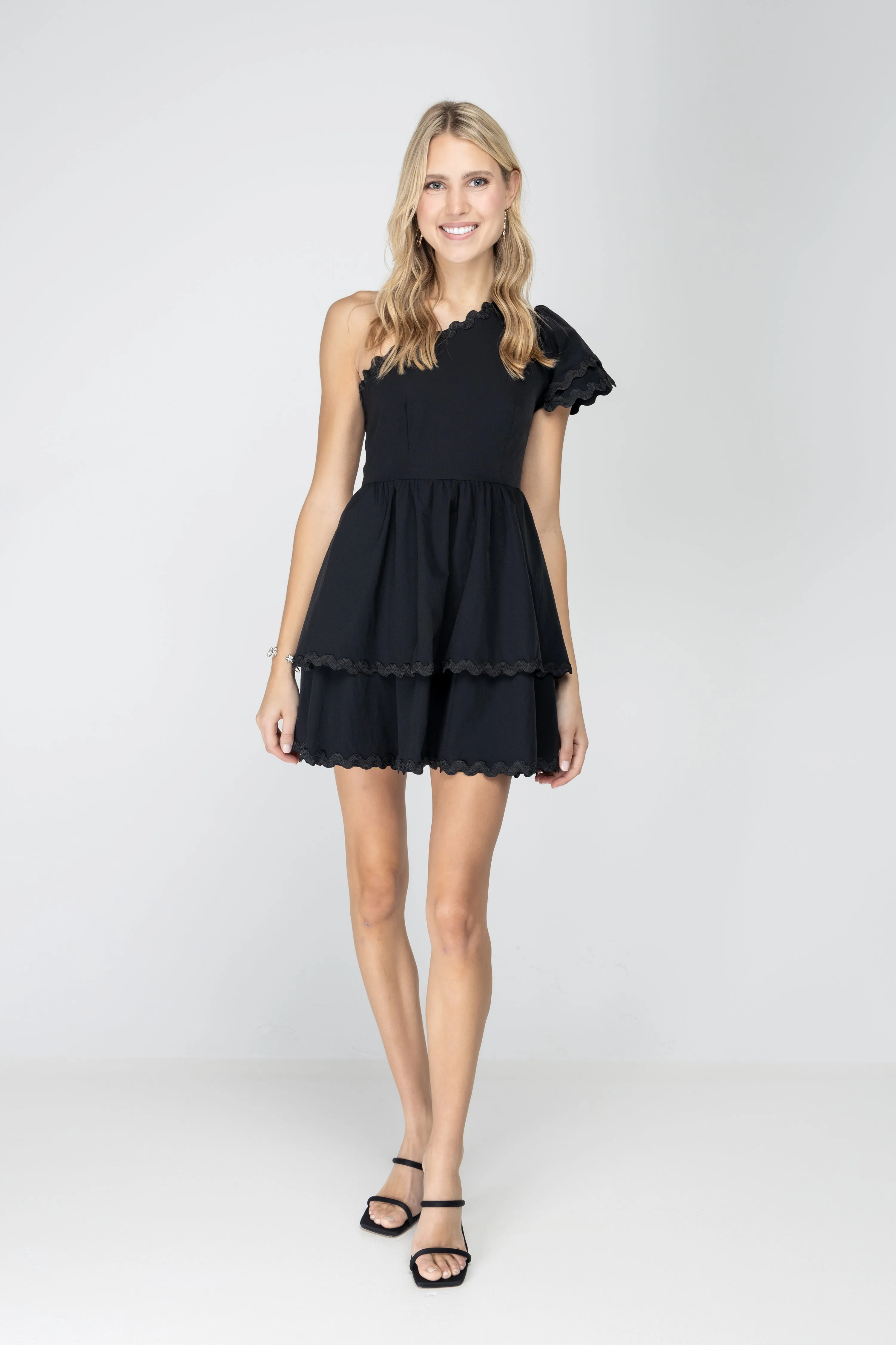 Flirty Noir Fantasy Tiered One Shoulder Mini Black Dress