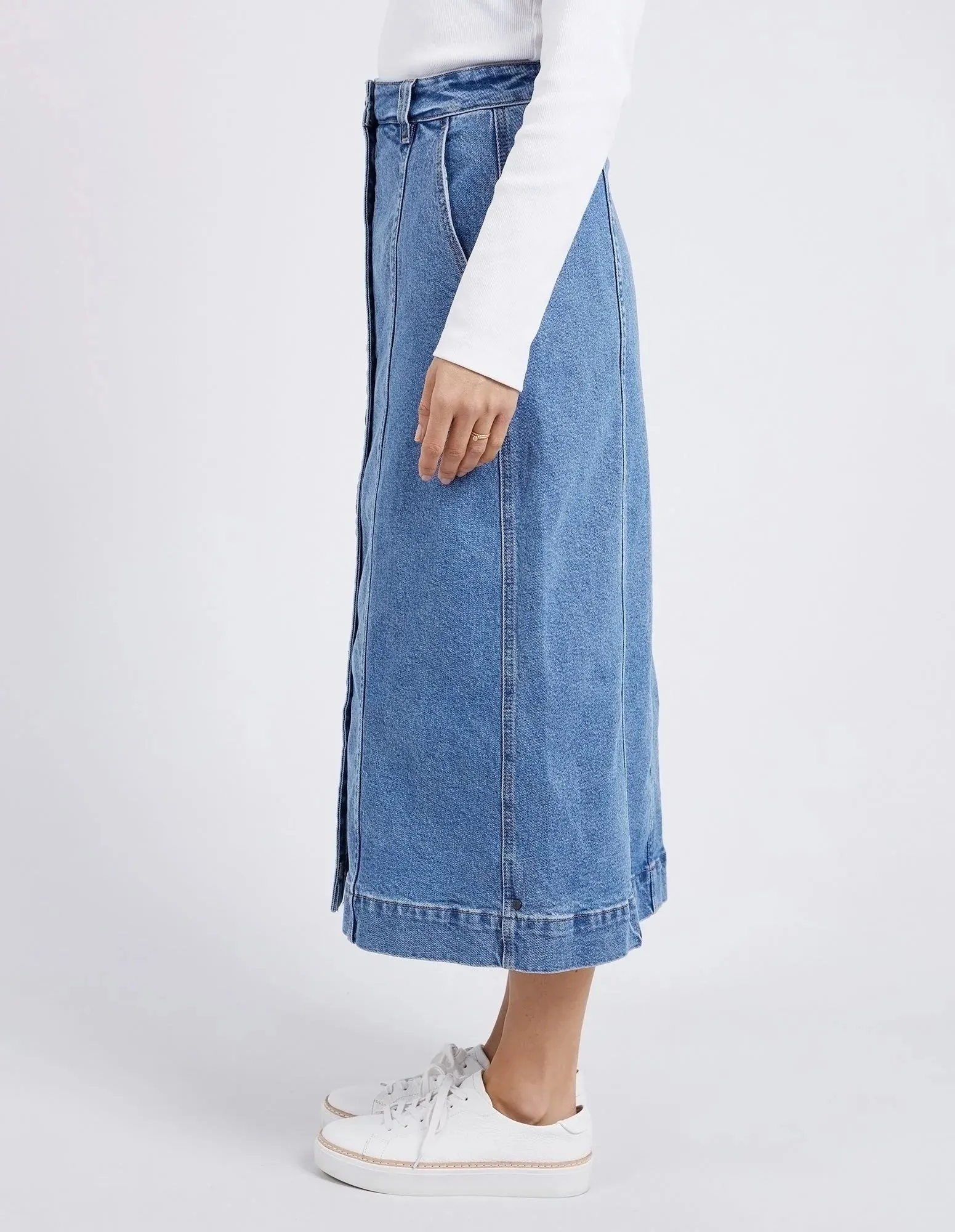 Florence Button Thru Denim Skirt - Mid Blue