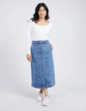 Florence Button Thru Denim Skirt - Mid Blue