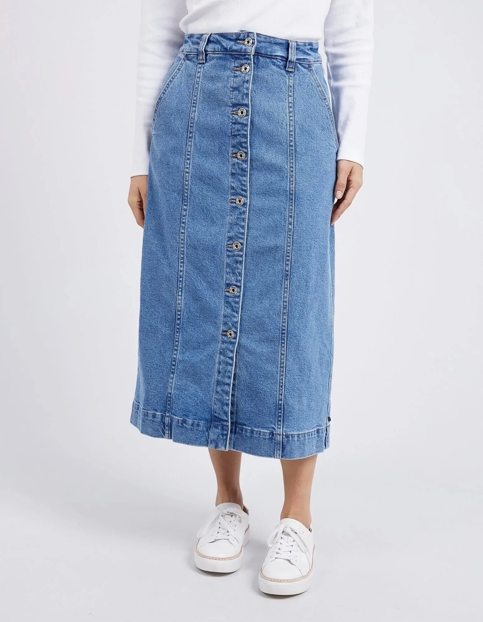 Florence Button Thru Denim Skirt - Mid Blue