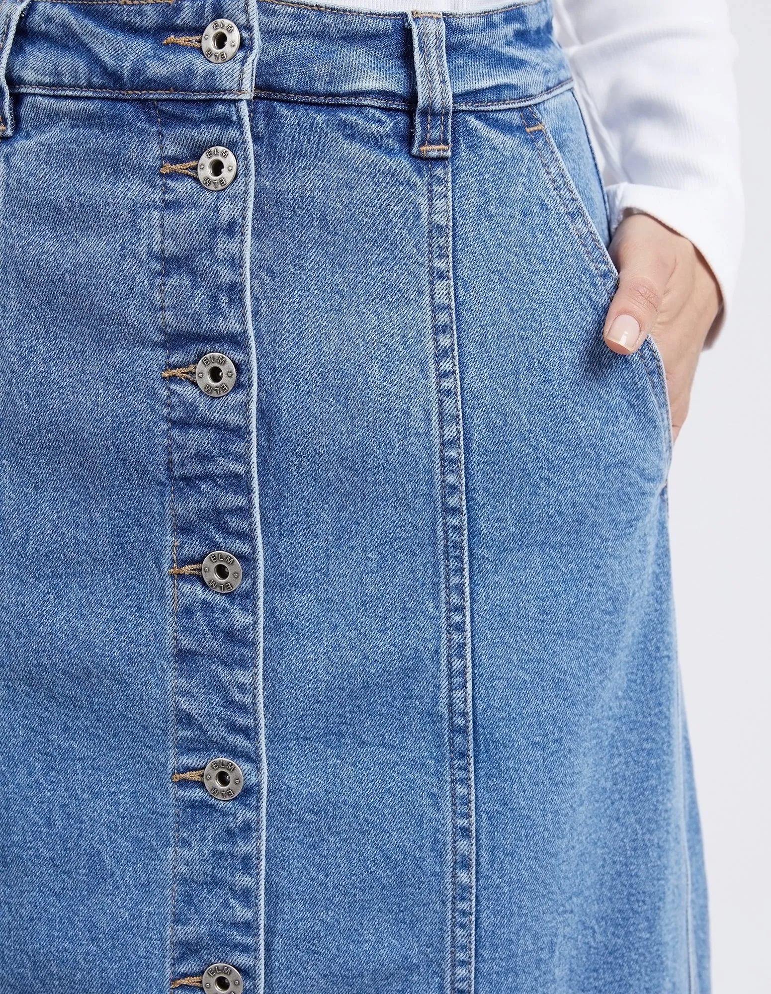 Florence Button Thru Denim Skirt - Mid Blue