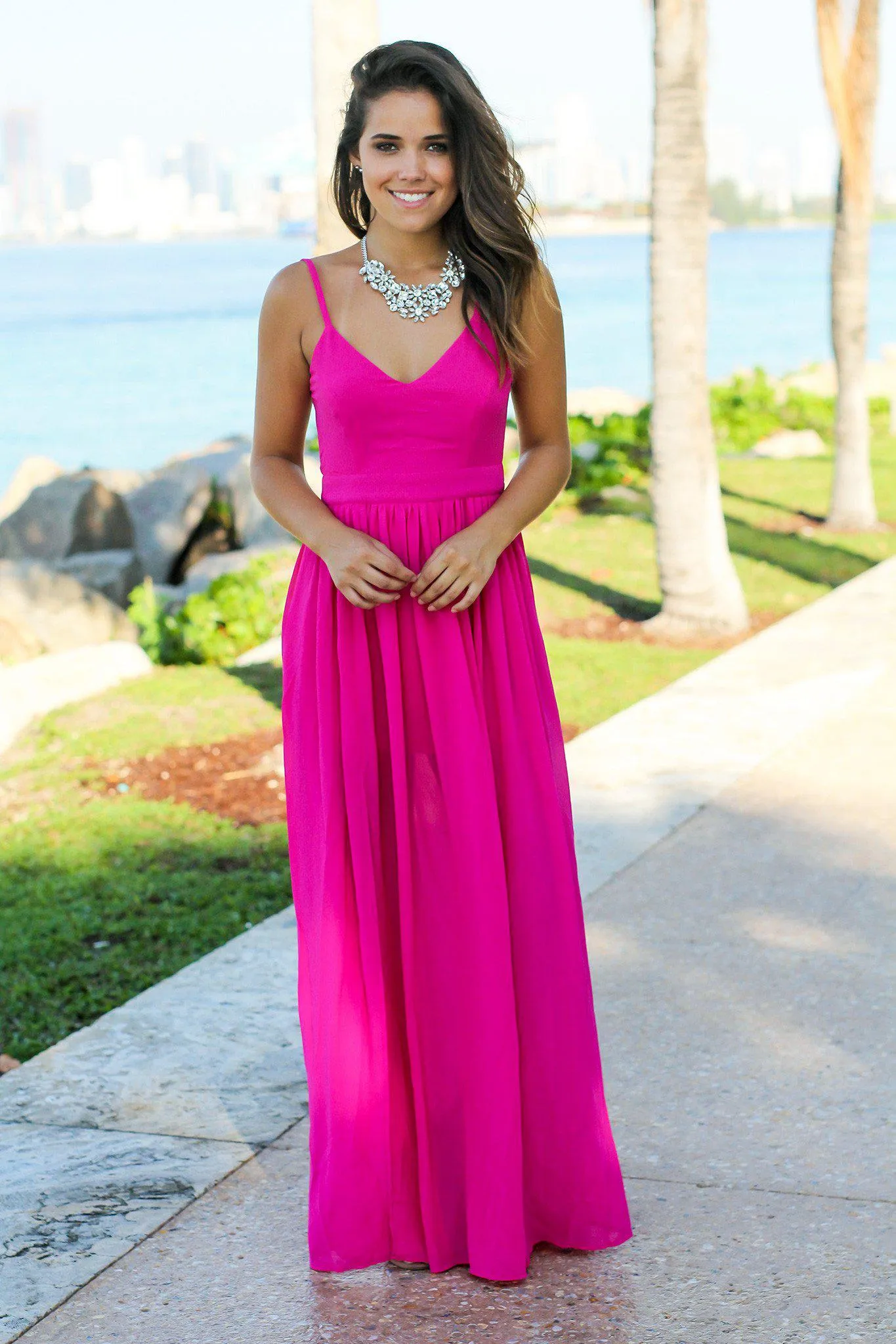 Fuchsia Maxi Dress with Open Back