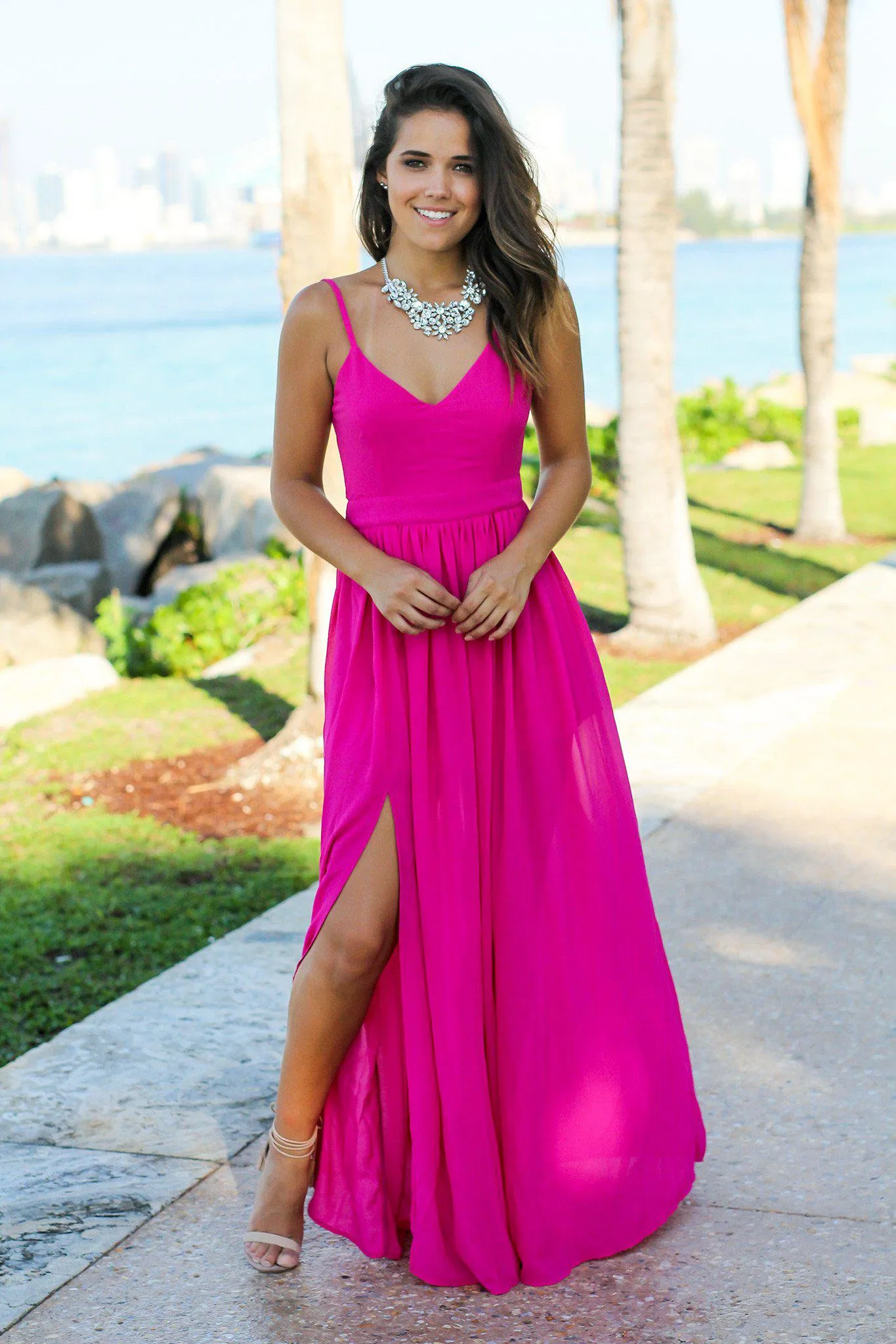 Fuchsia Maxi Dress with Open Back