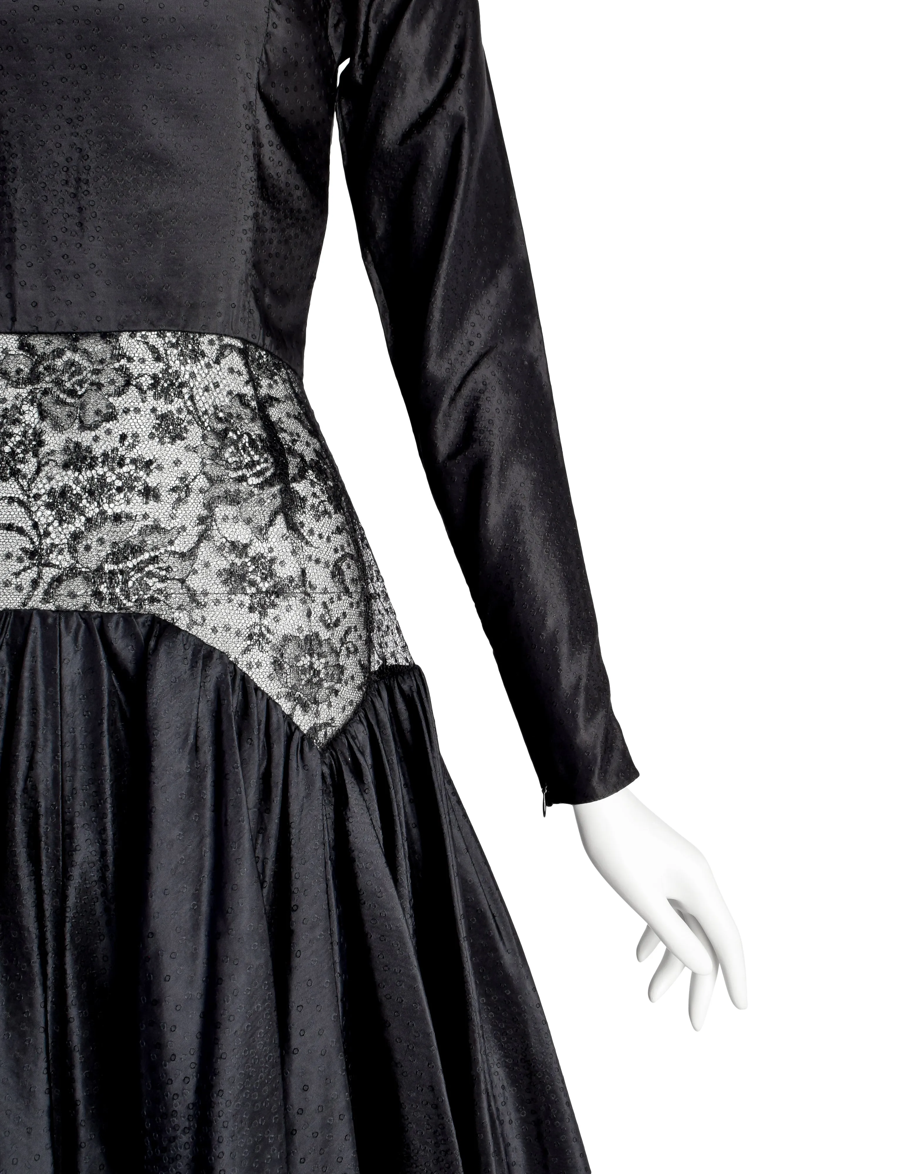 Geoffrey Beene Vintage 1980s Black Silk Taffeta Jacquard Cutout Lace Waist Party Dress