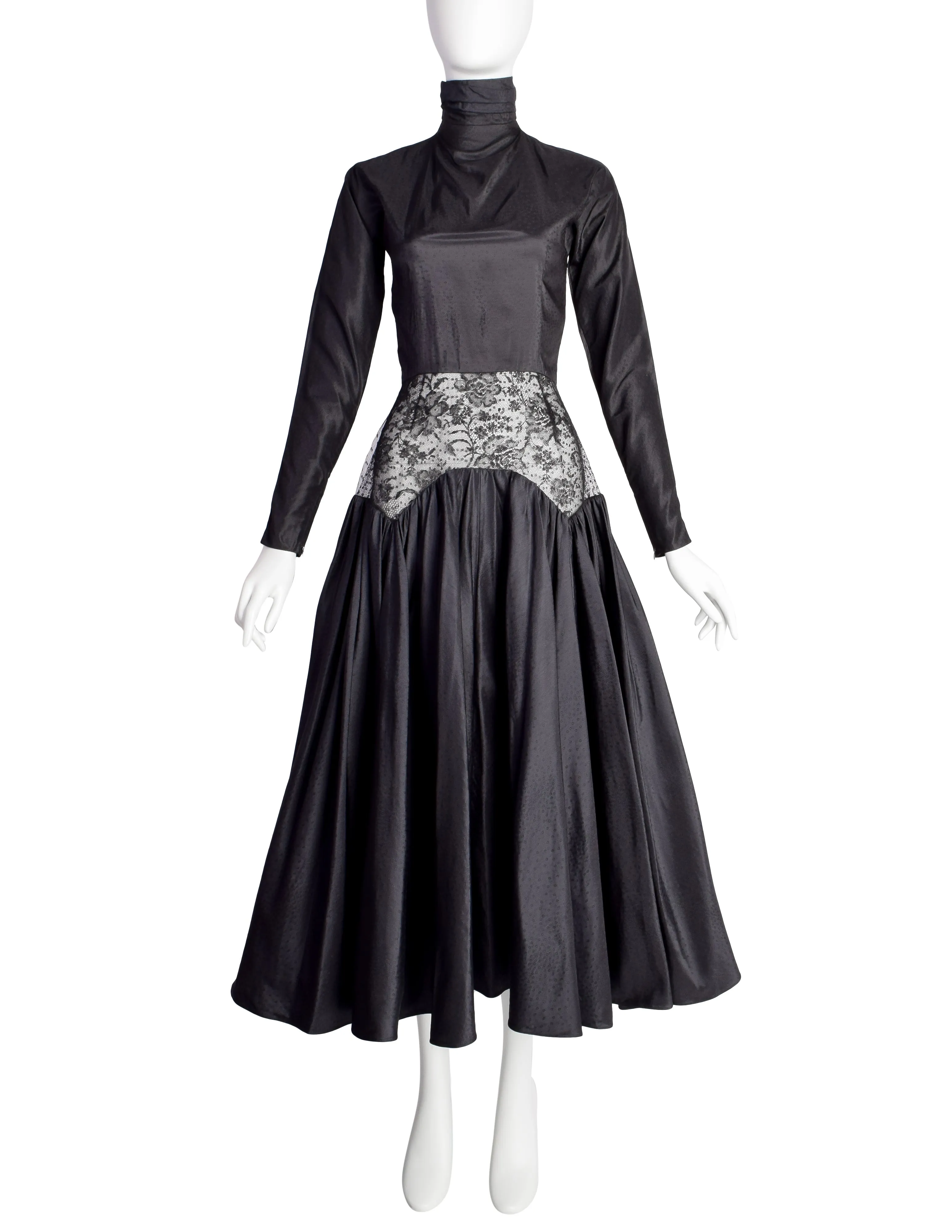 Geoffrey Beene Vintage 1980s Black Silk Taffeta Jacquard Cutout Lace Waist Party Dress