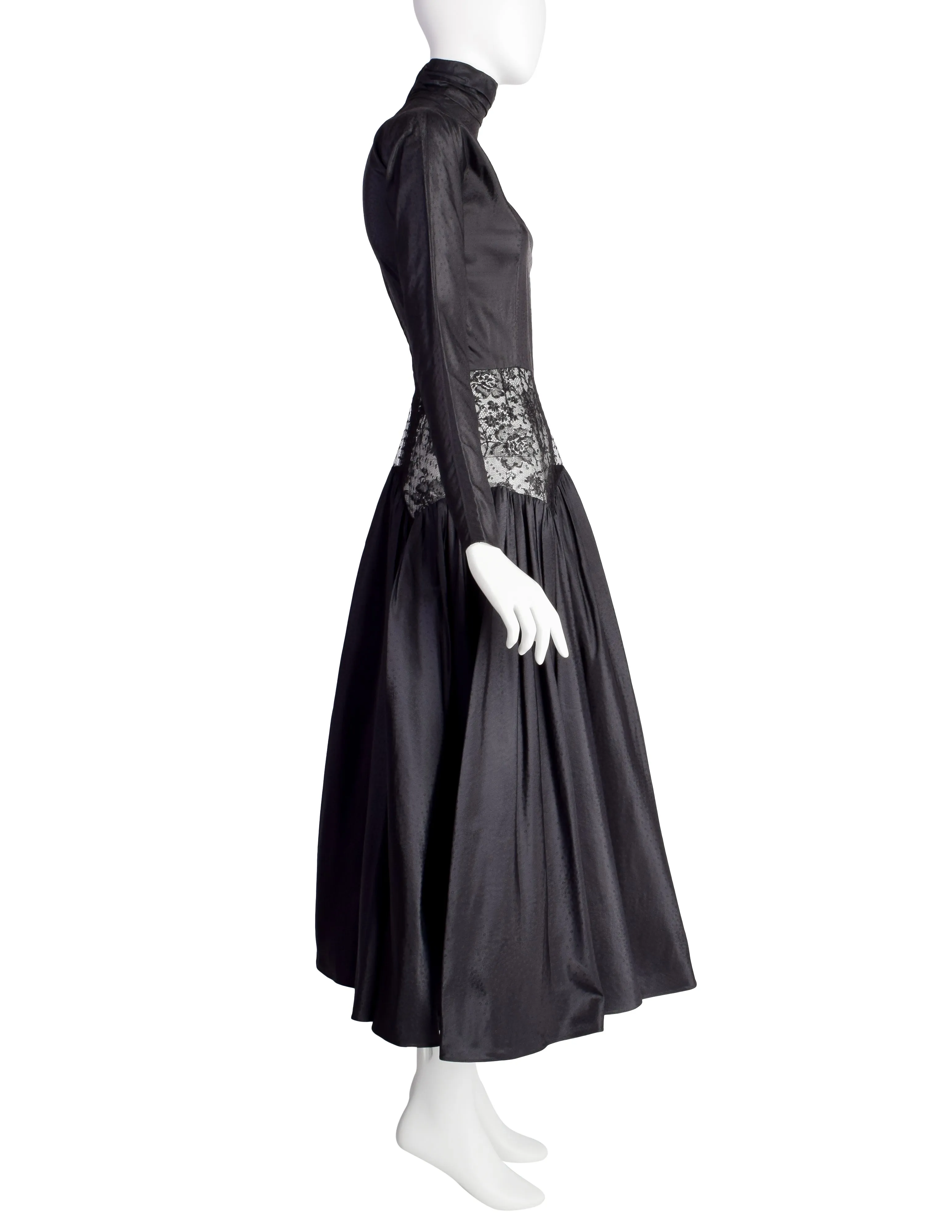 Geoffrey Beene Vintage 1980s Black Silk Taffeta Jacquard Cutout Lace Waist Party Dress