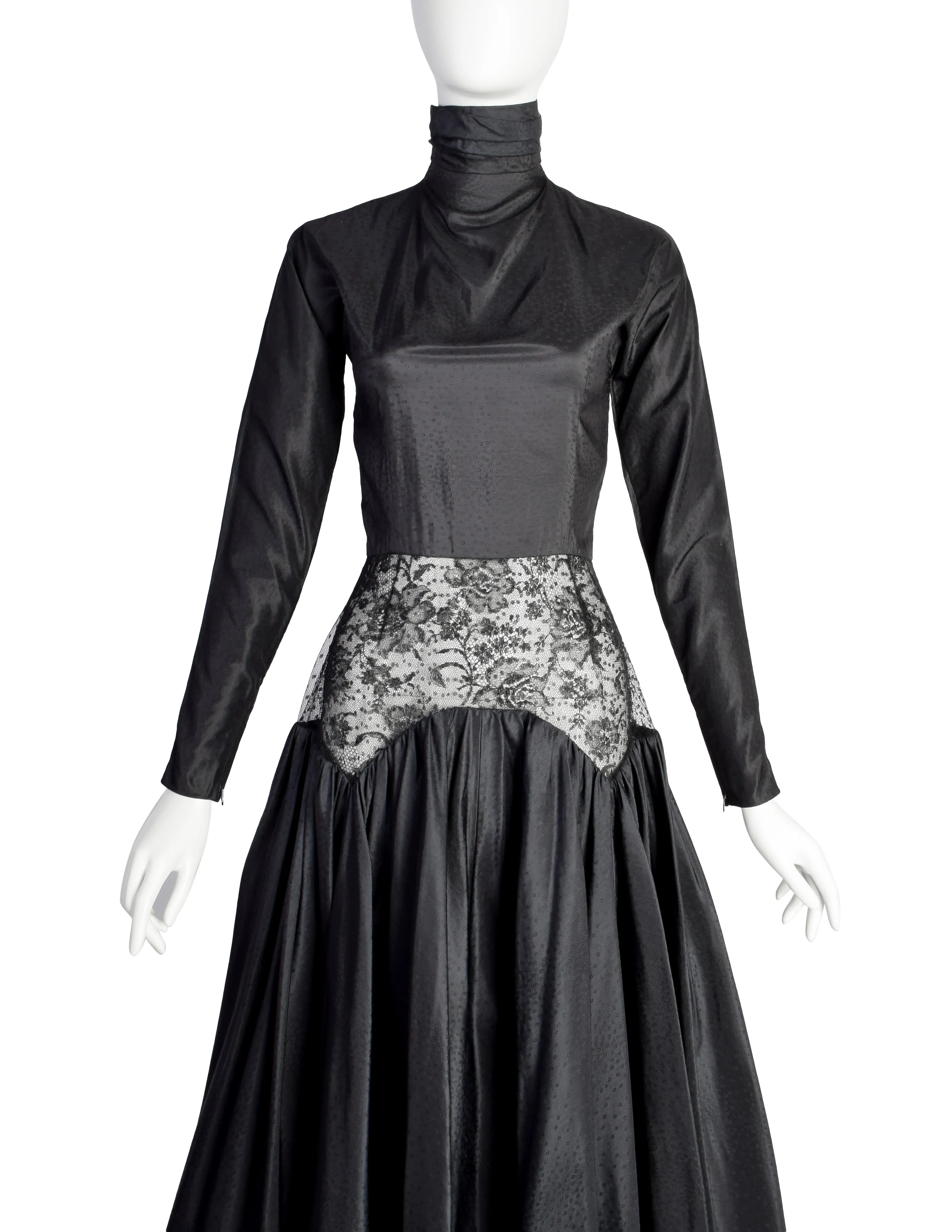 Geoffrey Beene Vintage 1980s Black Silk Taffeta Jacquard Cutout Lace Waist Party Dress