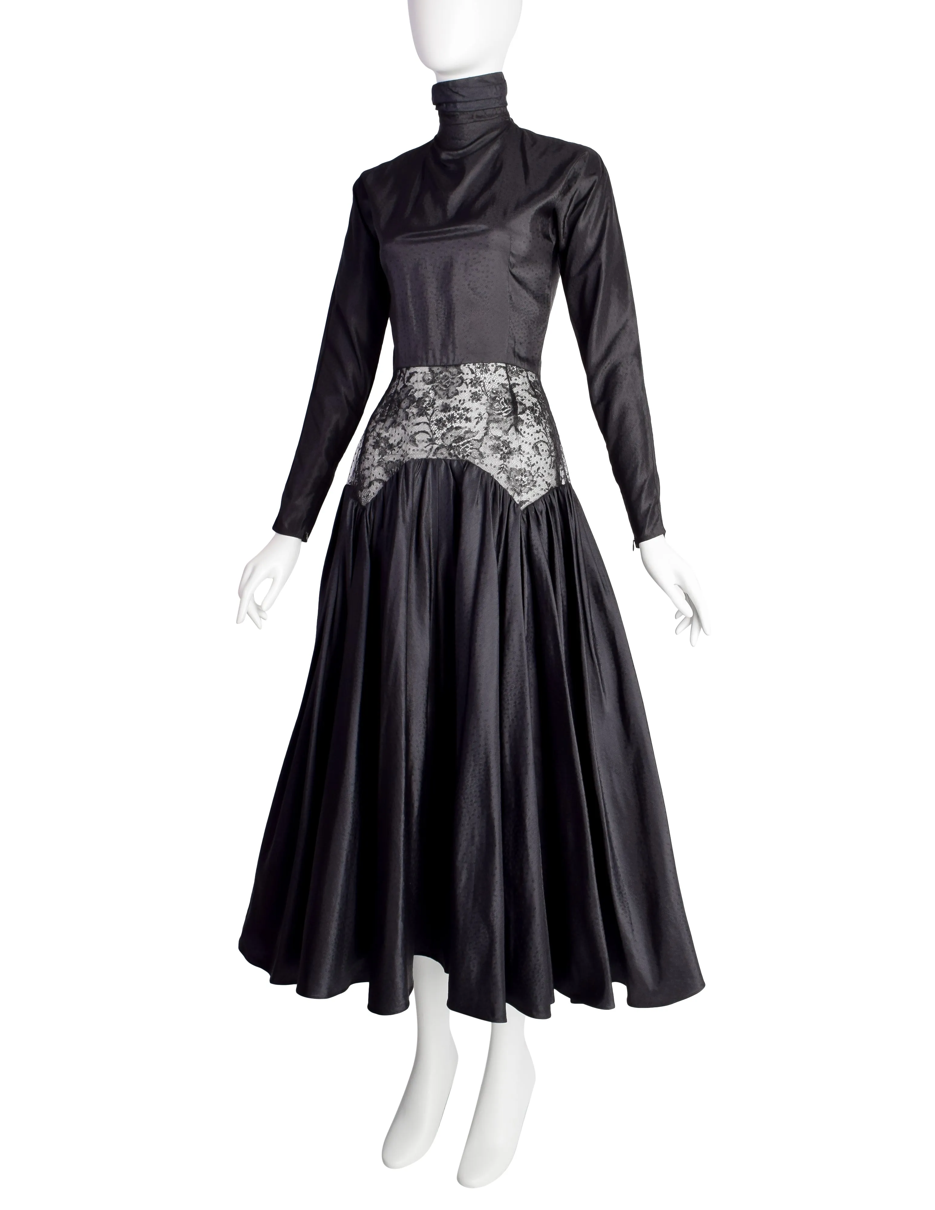 Geoffrey Beene Vintage 1980s Black Silk Taffeta Jacquard Cutout Lace Waist Party Dress