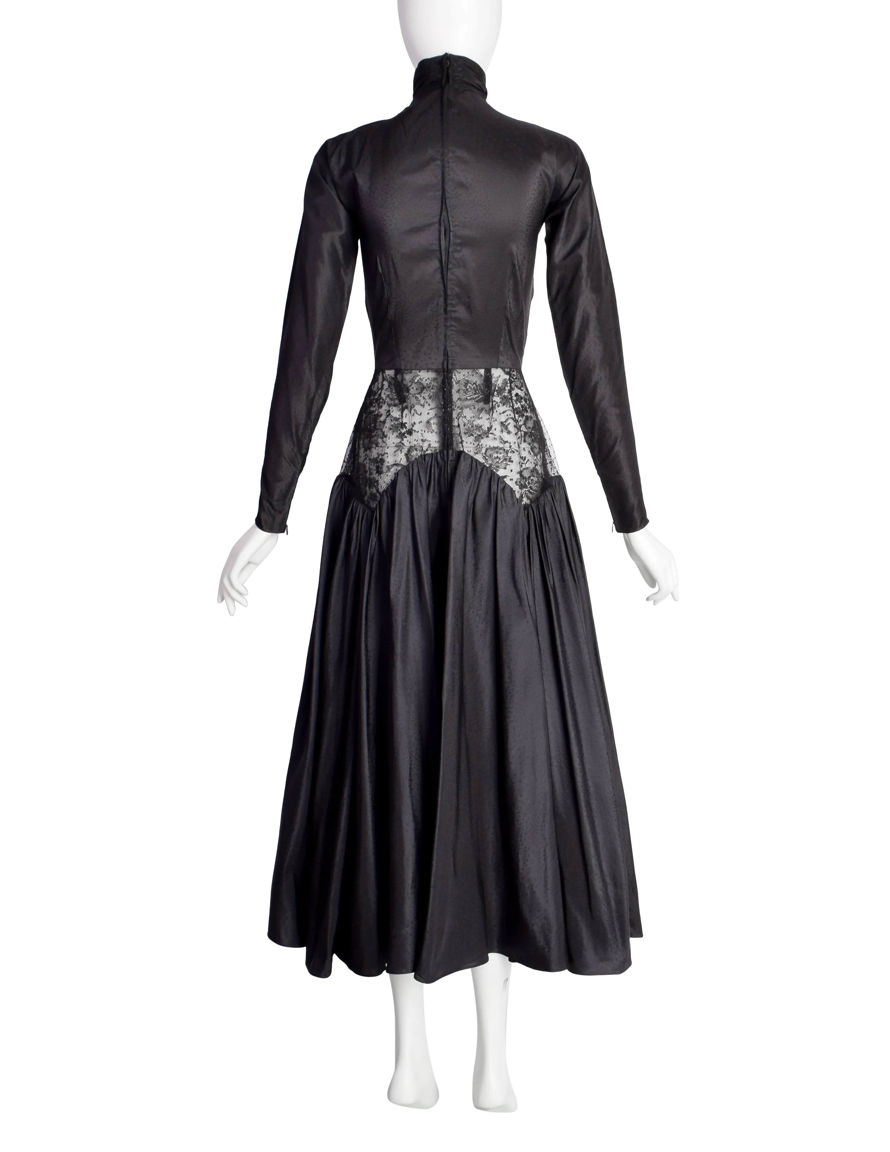 Geoffrey Beene Vintage 1980s Black Silk Taffeta Jacquard Cutout Lace Waist Party Dress