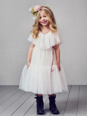 Girl's long tulle dress with V-neck - ANUSE-White