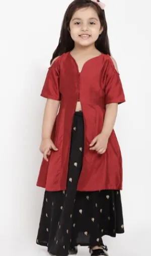 Girl's Maroon & Black Solid Top With Skirt - Bitiya By Bhama