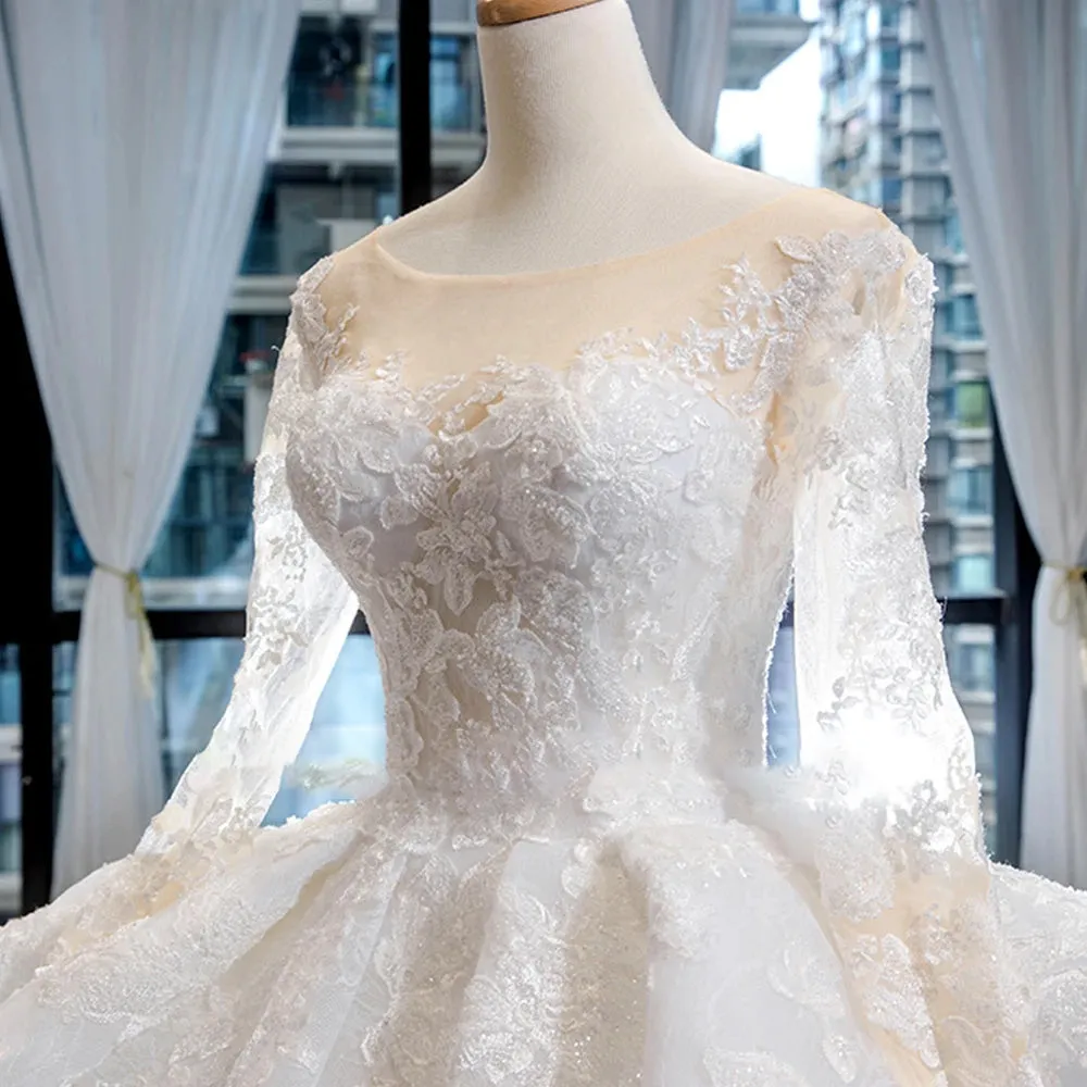 Gorgeous Long Sleeve Beading Lace Princess Ball Gown Wedding Dress