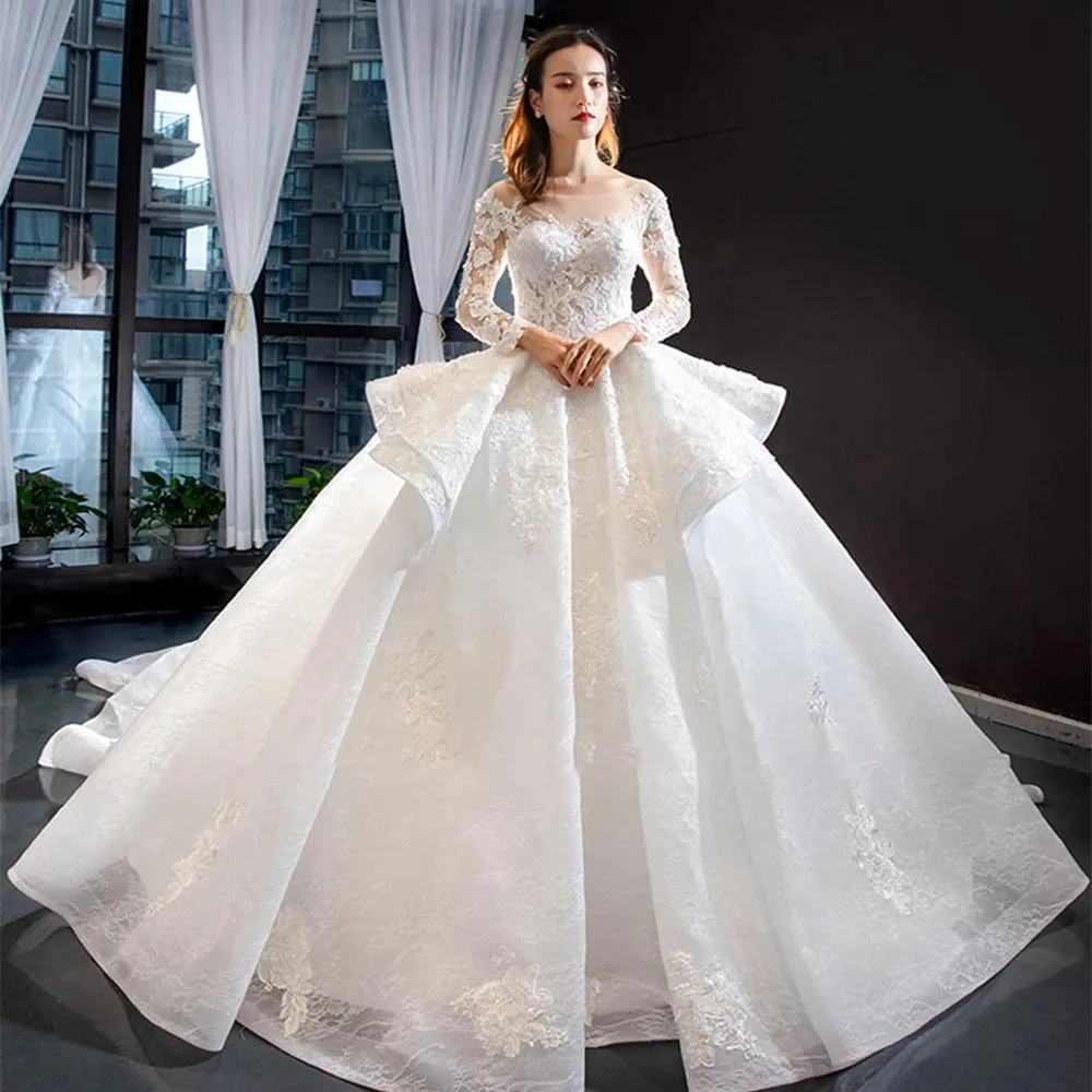 Gorgeous Long Sleeve Beading Lace Princess Ball Gown Wedding Dress