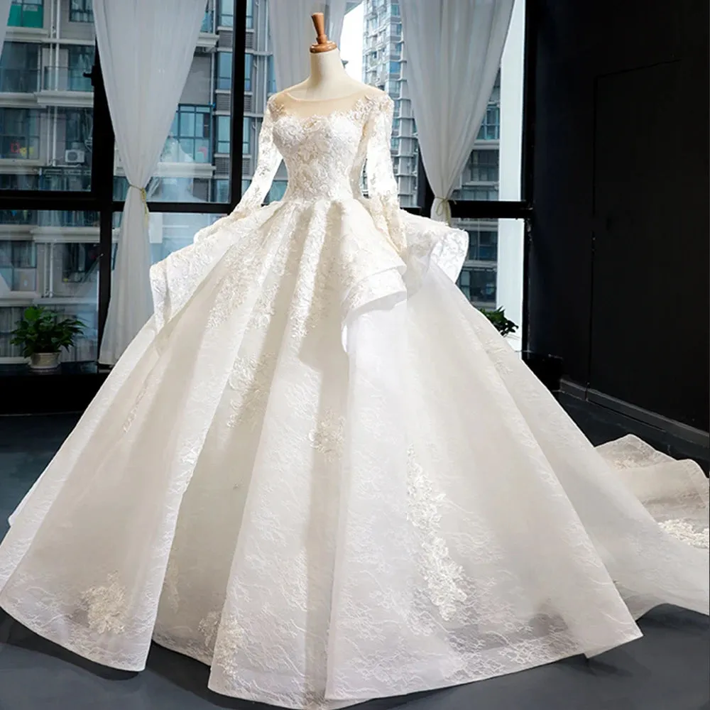 Gorgeous Long Sleeve Beading Lace Princess Ball Gown Wedding Dress