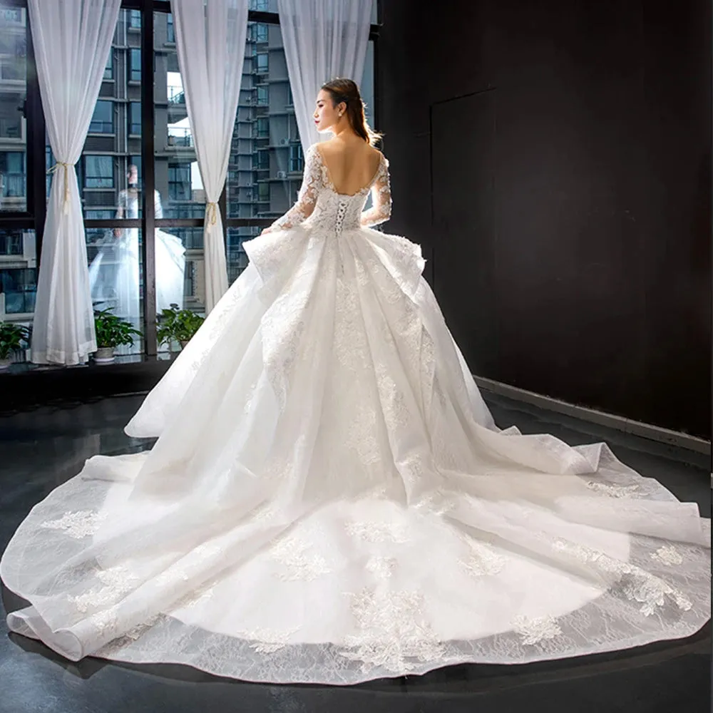 Gorgeous Long Sleeve Beading Lace Princess Ball Gown Wedding Dress