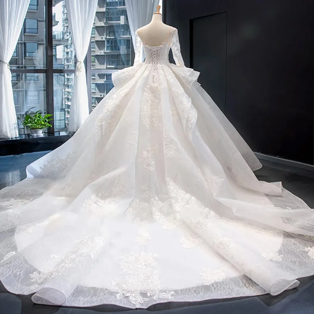 Gorgeous Long Sleeve Beading Lace Princess Ball Gown Wedding Dress