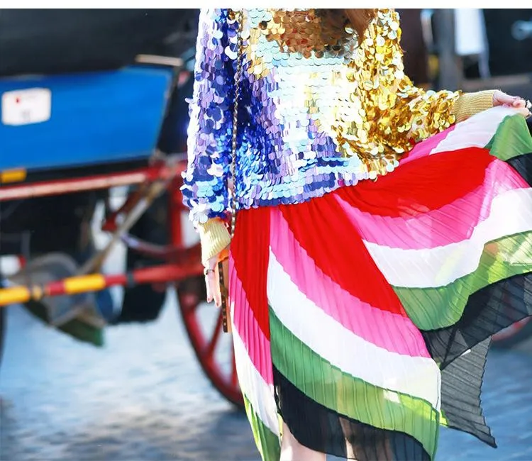 Gorgeous Peacock Elegant Diagonal Stripe Swallowtail Pleated Skirt