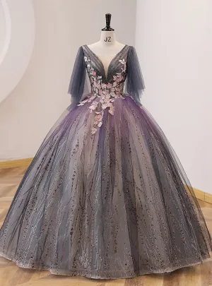 Gray Purple Tulle Sequins Appliques Quinceanera Dress