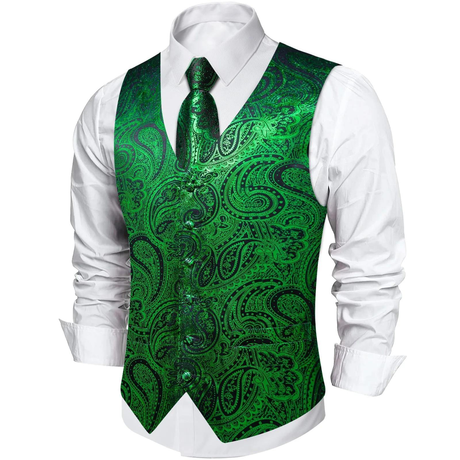 Green Black Paisley Silk Men's Vest Handkerchief Cufflinks Tie Set