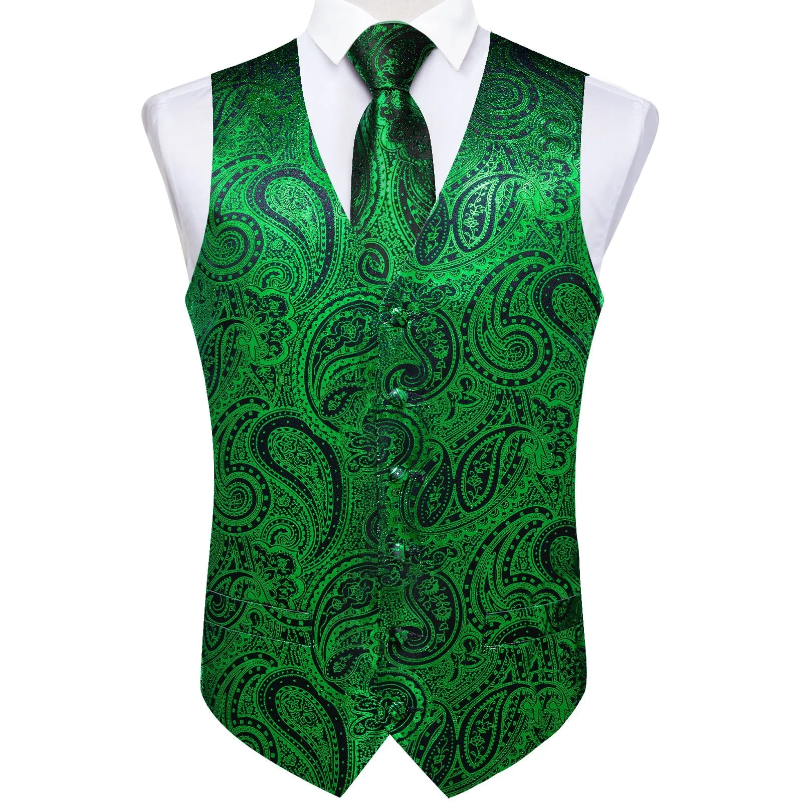 Green Black Paisley Silk Men's Vest Handkerchief Cufflinks Tie Set