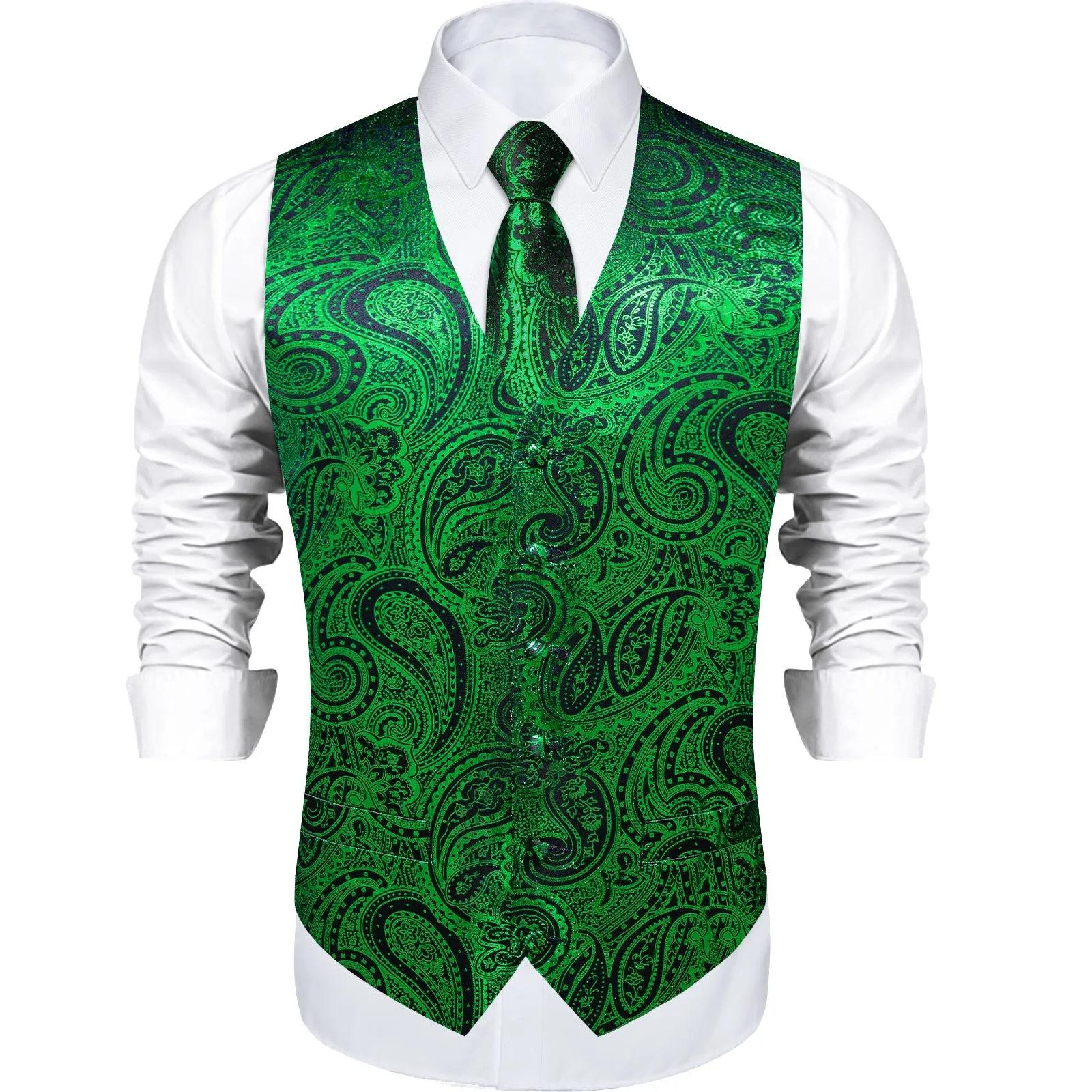 Green Black Paisley Silk Men's Vest Handkerchief Cufflinks Tie Set