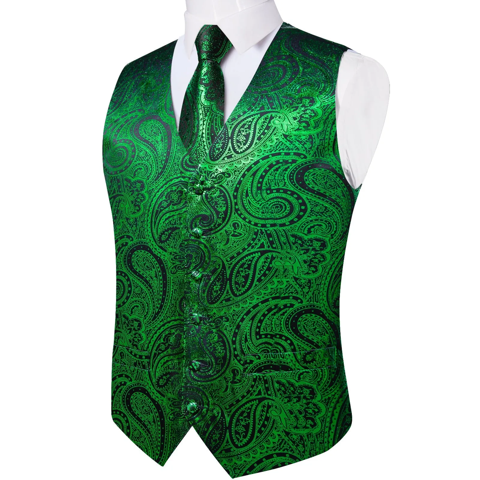 Green Black Paisley Silk Men's Vest Handkerchief Cufflinks Tie Set