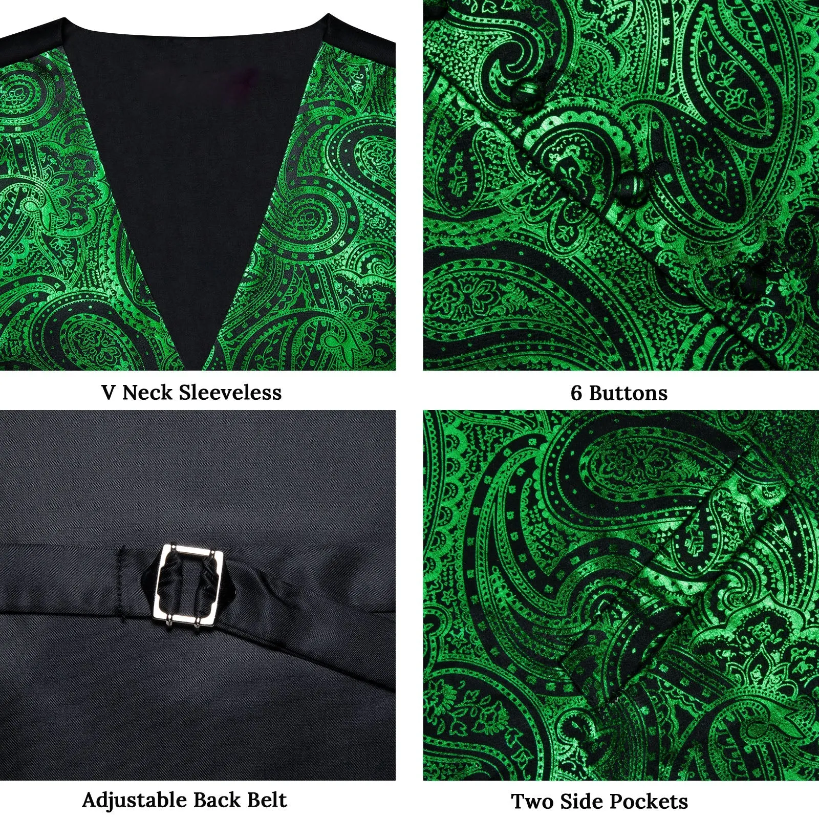 Green Black Paisley Silk Men's Vest Handkerchief Cufflinks Tie Set