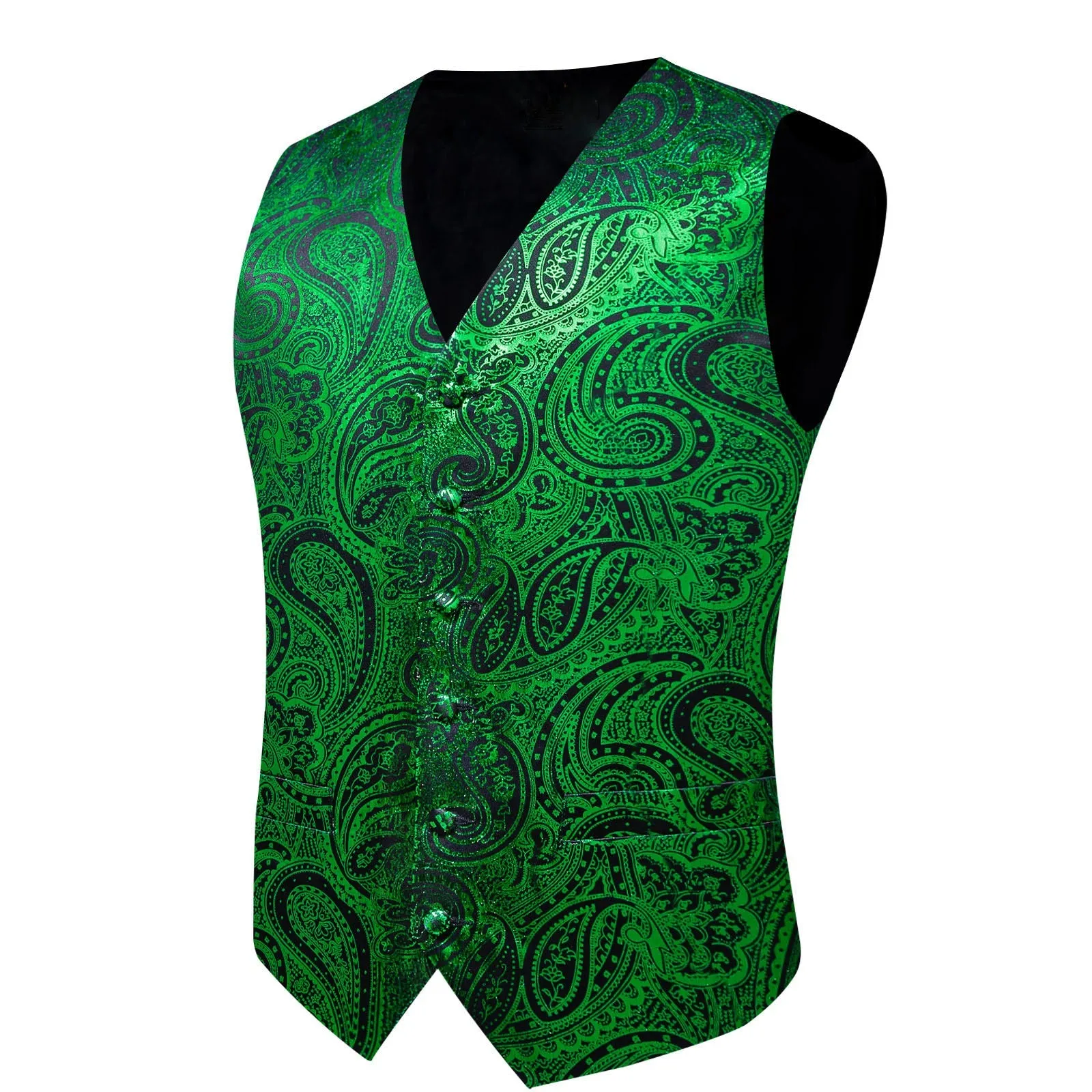 Green Black Paisley Silk Men's Vest Handkerchief Cufflinks Tie Set