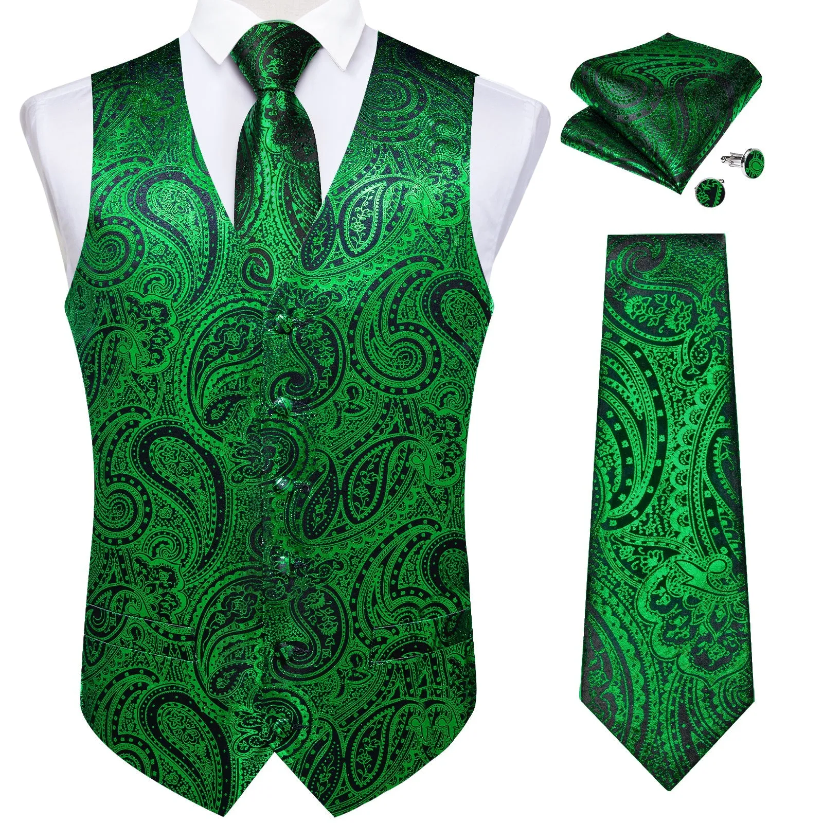 Green Black Paisley Silk Men's Vest Handkerchief Cufflinks Tie Set