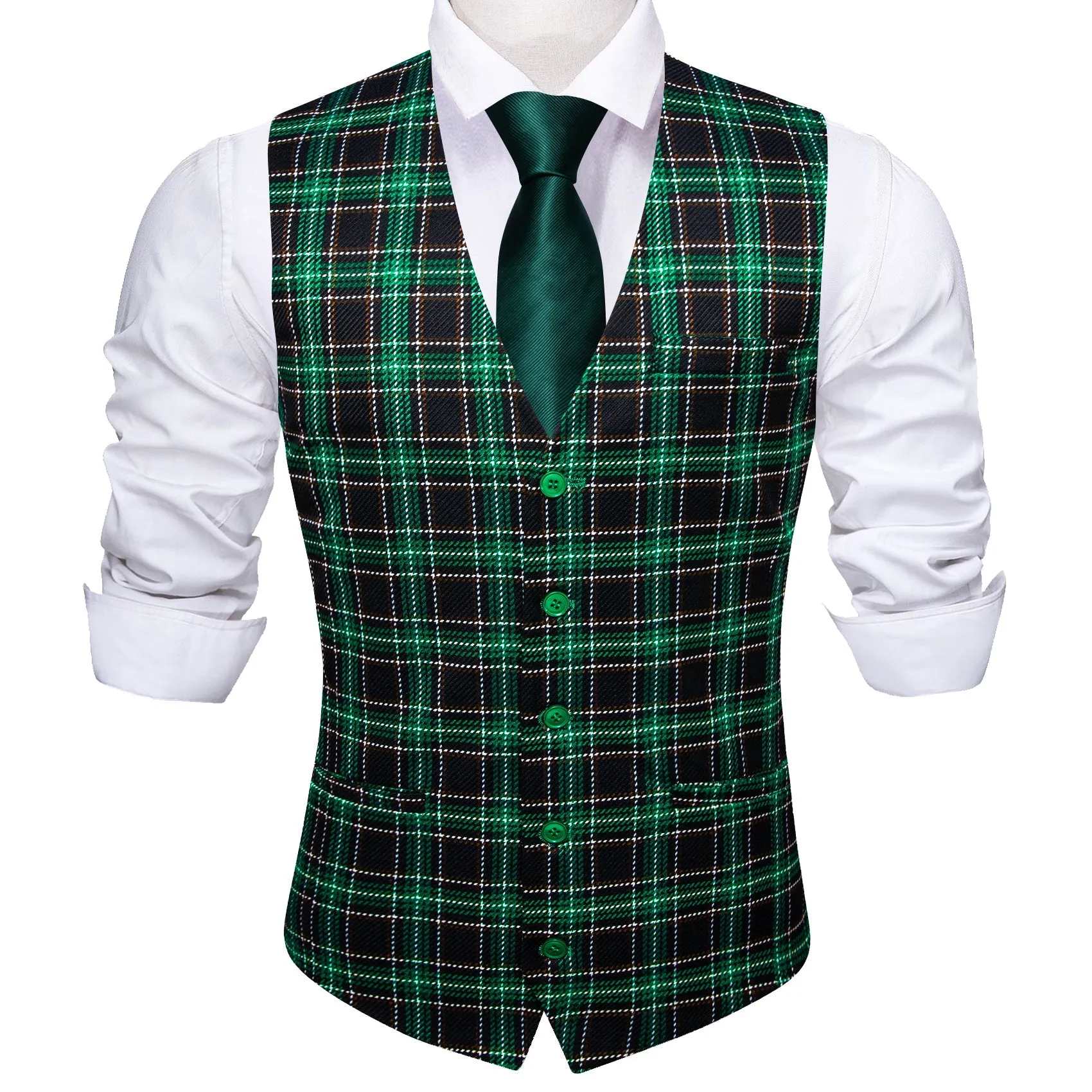 Green Blue Plaid Novelty Jacquard Men's Single Vest