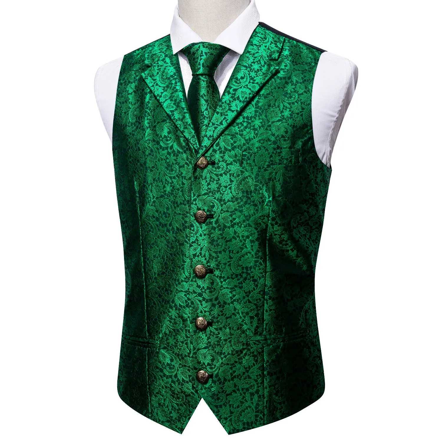 Green Paisley Metal Button Jacquard Silk Men's Vest Hanky Cufflinks Tie Set