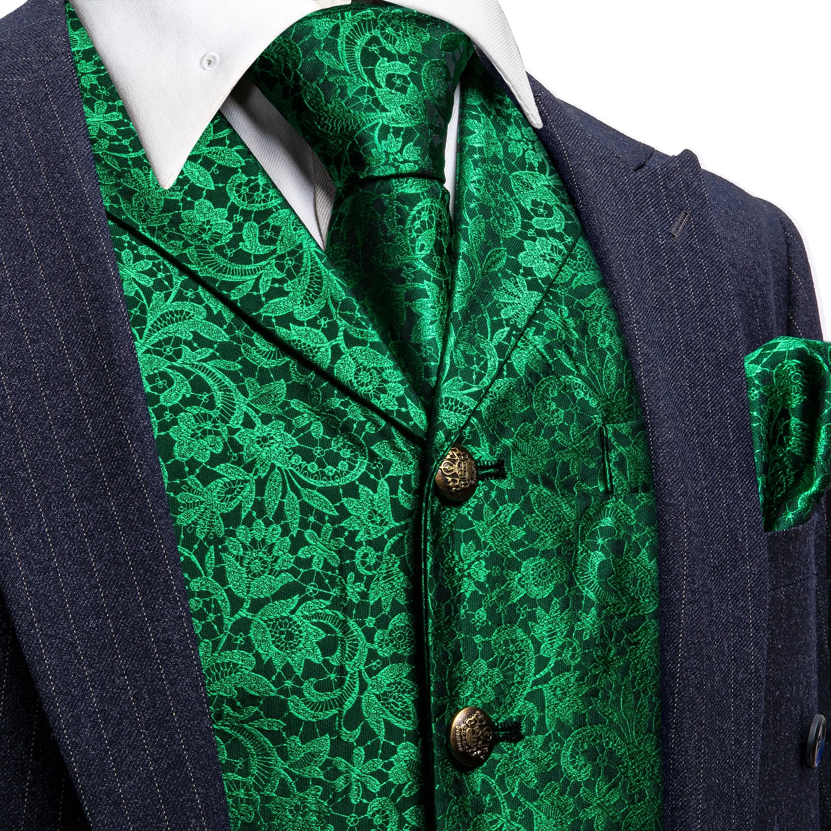 Green Paisley Metal Button Jacquard Silk Men's Vest Hanky Cufflinks Tie Set