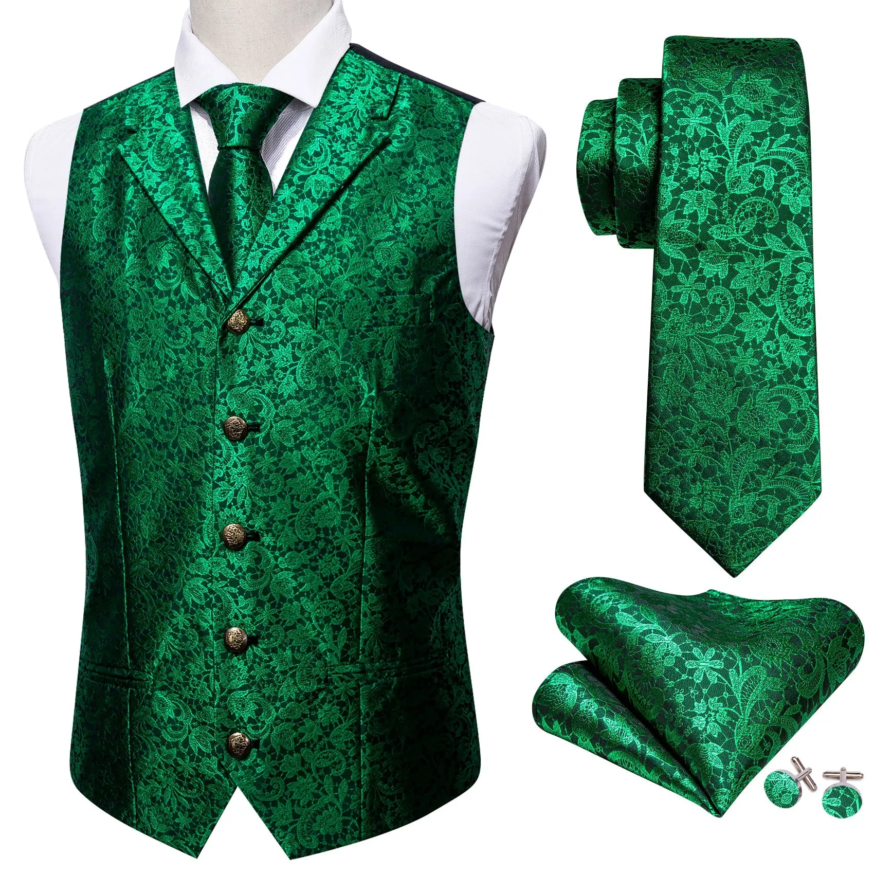 Green Paisley Metal Button Jacquard Silk Men's Vest Hanky Cufflinks Tie Set