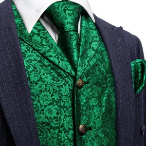 Green Paisley Metal Button Jacquard Silk Men's Vest Hanky Cufflinks Tie Set