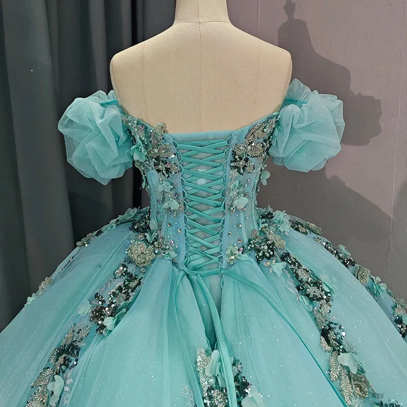 Green Quinceañera Dress Cap Sleeve Scoop Short Sleeves Court Train