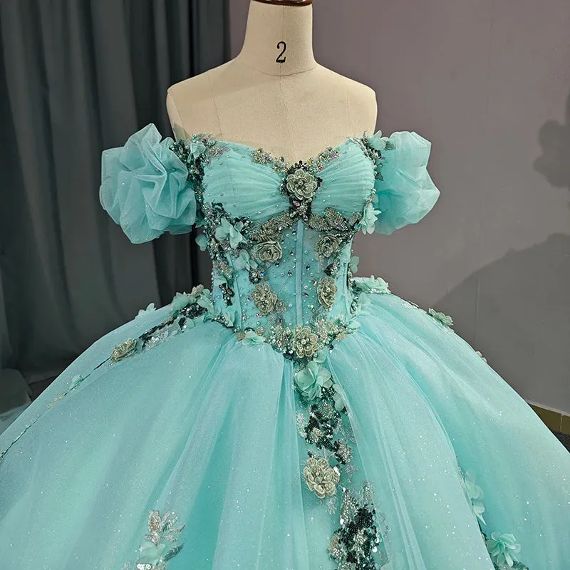 Green Quinceañera Dress Cap Sleeve Scoop Short Sleeves Court Train