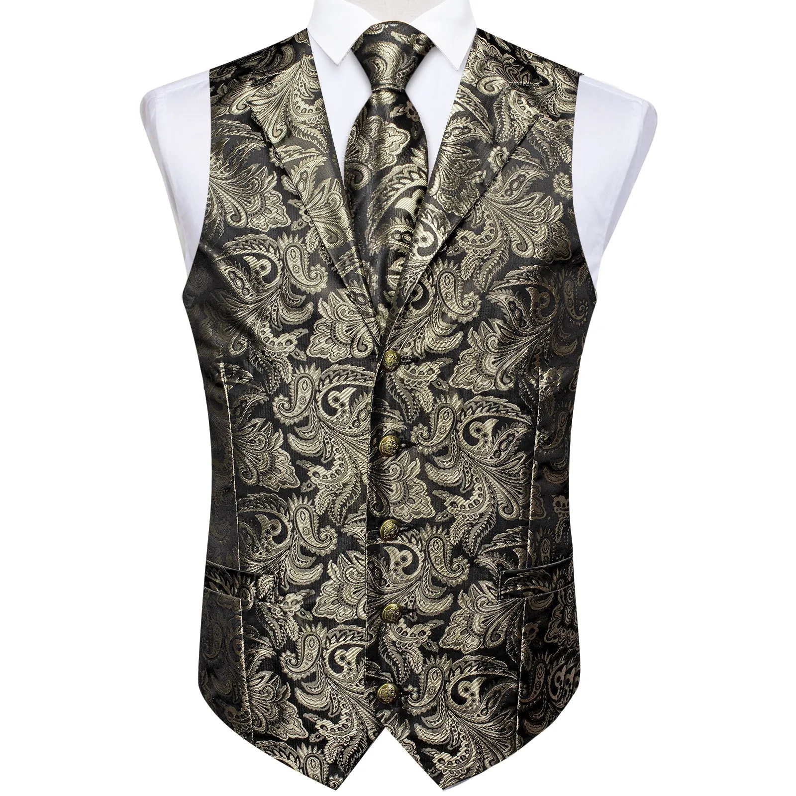 Grey Brown Paisley Men's Collar Vest Tie Hanky Cufflinks Set Waistcoat Suit Set