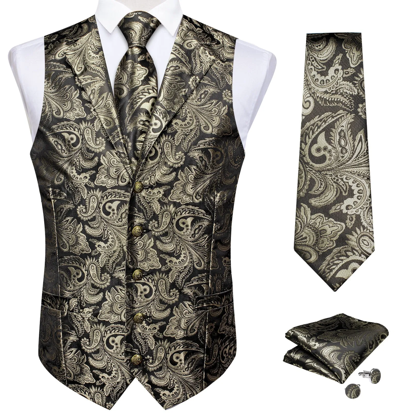 Grey Brown Paisley Men's Collar Vest Tie Hanky Cufflinks Set Waistcoat Suit Set