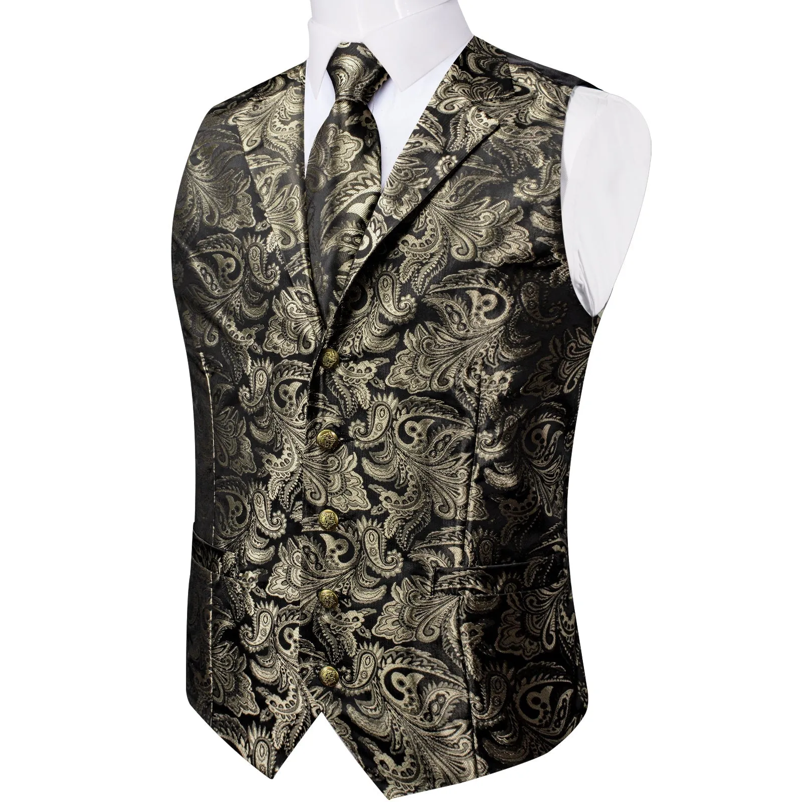 Grey Brown Paisley Men's Collar Vest Tie Hanky Cufflinks Set Waistcoat Suit Set