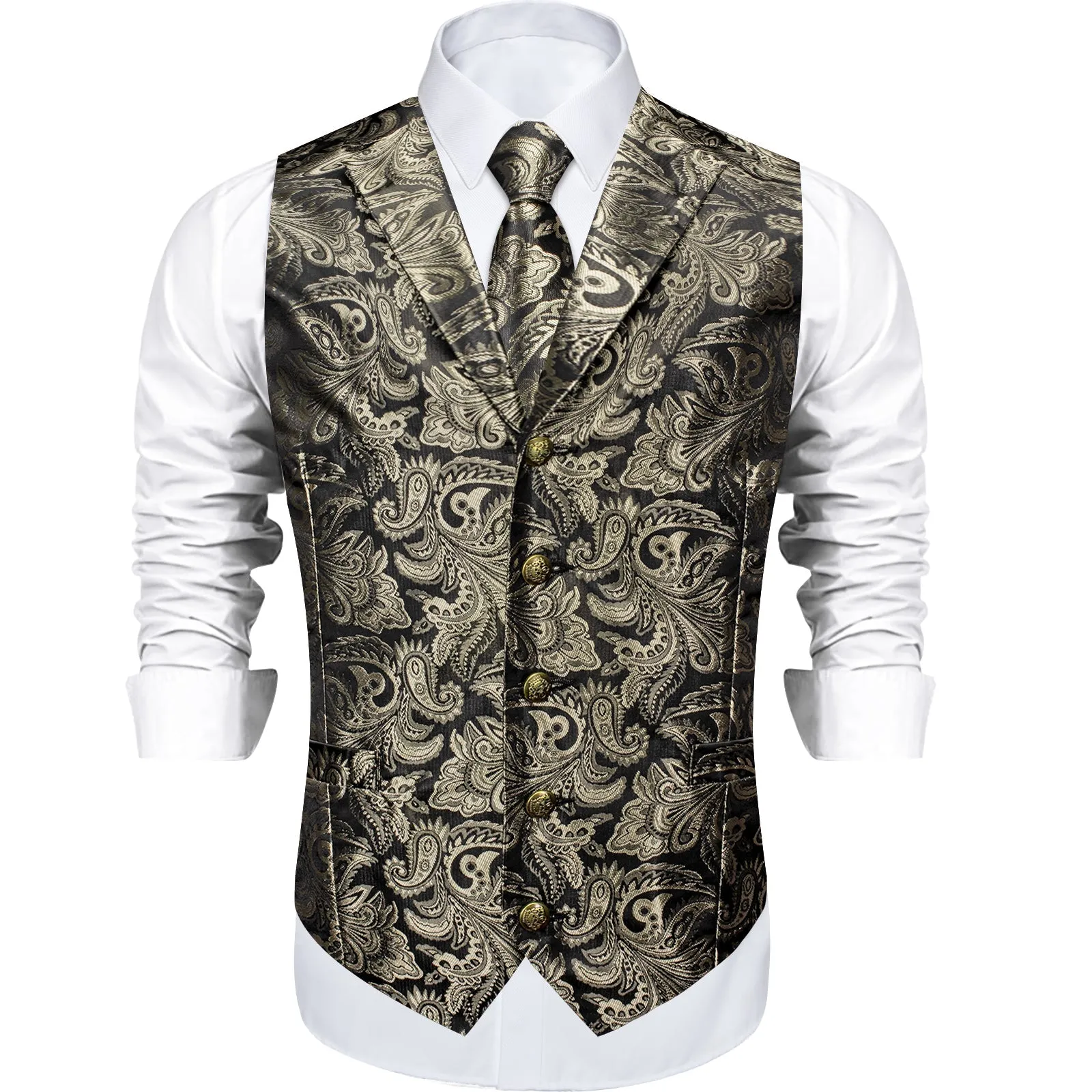 Grey Brown Paisley Men's Collar Vest Tie Hanky Cufflinks Set Waistcoat Suit Set