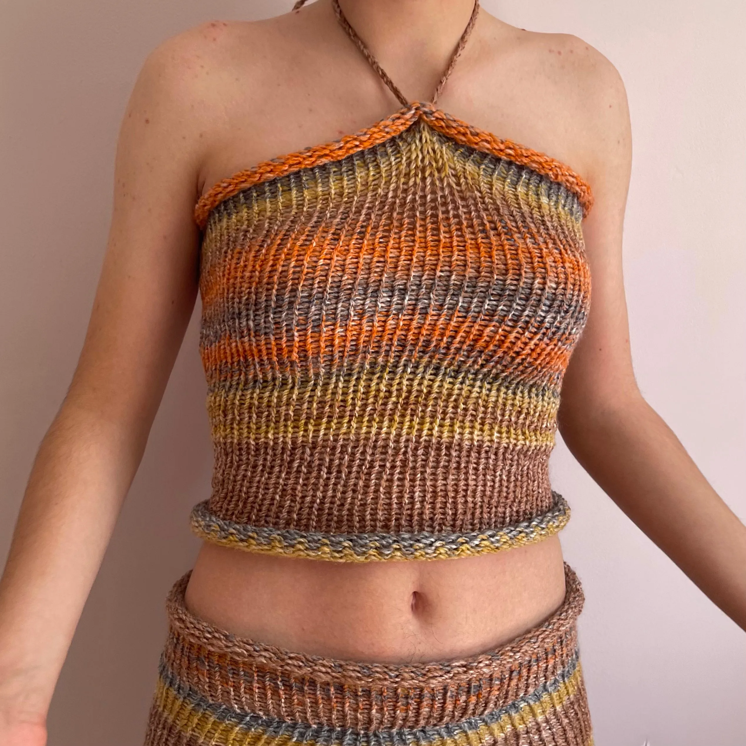 Handmade knitted halter neck top in orange, mustard yellow and grey