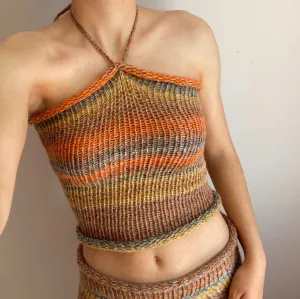 Handmade knitted halter neck top in orange, mustard yellow and grey